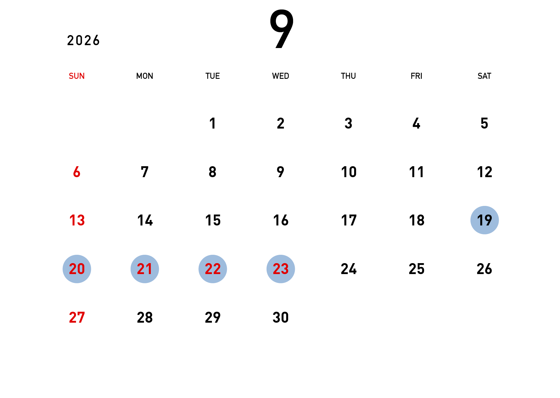 9月の予約状況カレンダー